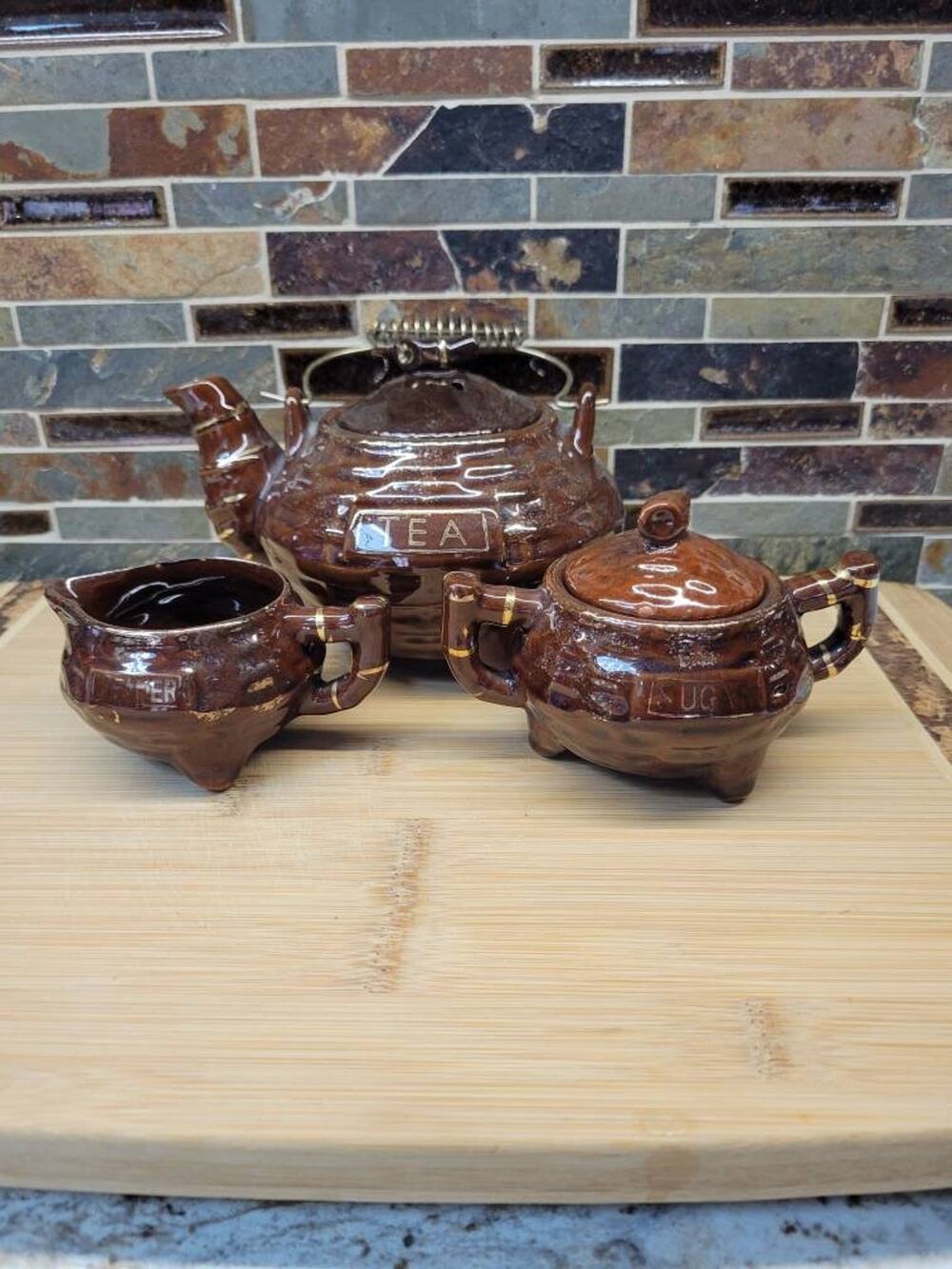 Vintage Japan Brown Ceramic Teapot Set Creamer Sugar Bowl Wire Handle (Lid Chip)